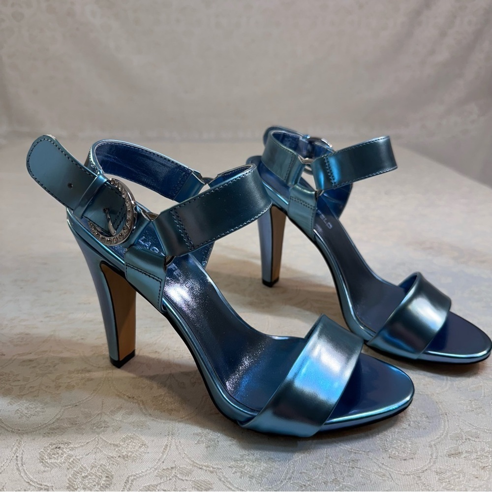 KARL LAGERFELD PARIS Cieone Blue Metallic High 4in Heel Holiday Party NWT Size 7 - Picture 7 of 10